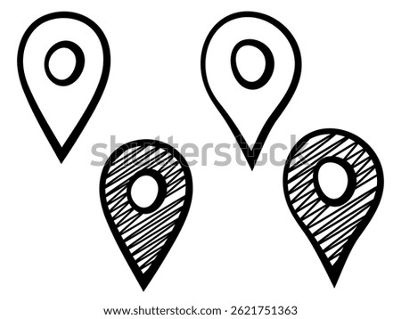 Hand-drawn map locators or location pointers. Pin icons isolated on a white background.