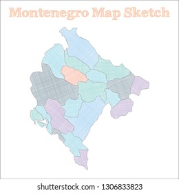 Hand-drawn map of Montenegro, vector illustration highlighting regions and borders.