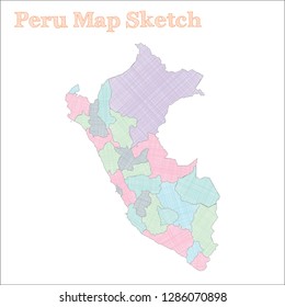 Hand-drawn map of Peru with regions highlighted. Vector illustration.