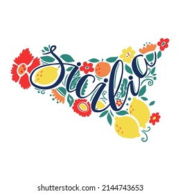 Handdrawn map of Sicily with colourful flowers. Italian Sicilia island. Visit Italy concept. Poster design or postcard illustration. Business travel card.