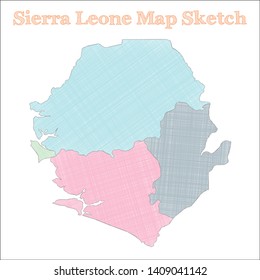 Hand-drawn map of Sierra Leone. Pastel colored regions illustrate the country's geography.