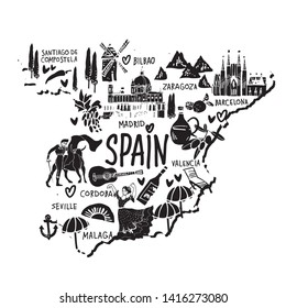 Handdrawn map of Spain black and white on white background with the architecture symbols and lettering hand drawn on white background for tourist guide and posters.