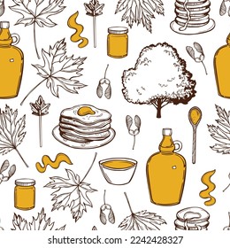 Hand-drawn maple syrup set. Acer saccharum, the sugar maple. Vector  seamless pattern.