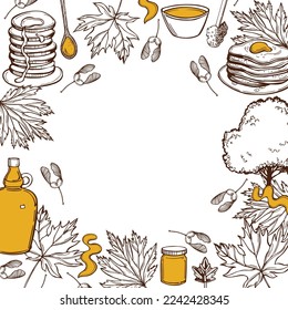 Hand-drawn maple syrup set. Acer saccharum, the sugar maple. Vector background.