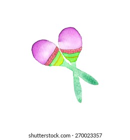 Hand-drawn maracas. Real watercolor drawing.  Vector illustration. Traced painting. 