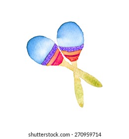 Hand-drawn maracas. Real watercolor drawing.  Vector illustration. Traced painting