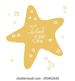 Hand-drawn marine card with starfish. Sea elements in doodle style. Vector illustration. Invitations to a nautical party, a card with your journey, the notebook traveler and any DIY projects.