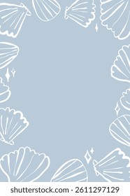 Hand-drawn marine frame with shells and starfish. White vector doodle on light blue background