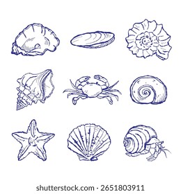 Hand-drawn marine illustration showcases shellfish and tropical fish. Textile-inspired style adds a handcrafted aesthetic.