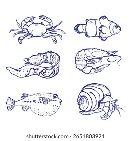 Hand-drawn marine illustration showcases shellfish and tropical fish. Textile-inspired style adds a handcrafted aesthetic.