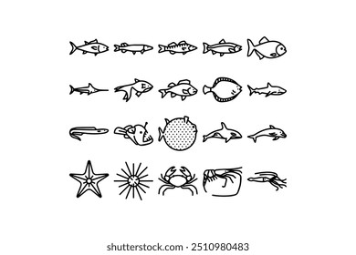 Colección de doodle de peces y vida marina dibujada a mano. Diseño de icono de Vector.