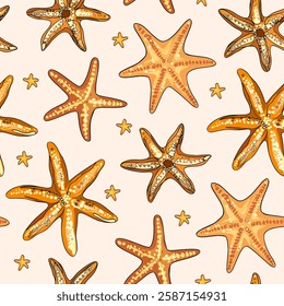 Hand-drawn marine pattern with shells and starfish.Ocean-inspired seamless background with sea elements.Coastal beach pattern featuring starfish and seashells