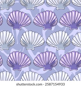 Hand-drawn marine pattern with shells and starfish.Ocean-inspired seamless background with sea elements.Coastal beach pattern featuring starfish and seashells