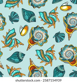 Hand-drawn marine pattern with shells and starfish.Ocean-inspired seamless background with sea elements.Coastal beach pattern featuring starfish and seashells