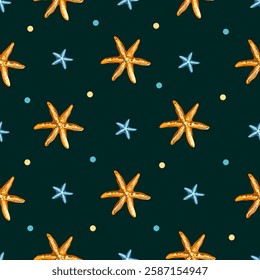 Hand-drawn marine pattern with shells and starfish.Ocean-inspired seamless background with sea elements.Coastal beach pattern featuring starfish and seashells