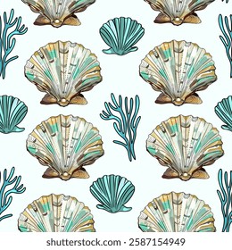 Hand-drawn marine pattern with shells and starfish.Ocean-inspired seamless background with sea elements.Coastal beach pattern featuring starfish and seashells