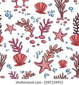 Hand-drawn marine pattern with shells and starfish.Ocean-inspired seamless background with sea elements.Coastal beach pattern featuring starfish and seashells