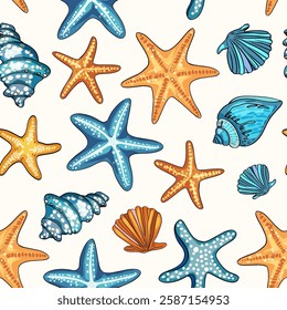 Hand-drawn marine pattern with shells and starfish.Ocean-inspired seamless background with sea elements.Coastal beach pattern featuring starfish and seashells