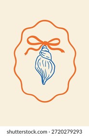 Concha marina dibujada a mano con arco dentro de un marco de contorno ondulado. Estilo costero sencillo en naranja y azul. Perfecto para lindas etiquetas, etiquetas, tarjetas de felicitación, empaques o invitaciones con temas de playa.
