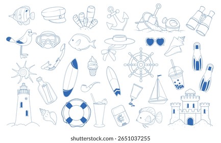 Hand-drawn marine-themed icon set in blue ink. Includes beach accessories, sea creatures, and vacation elements. Ideal for summer designs, posters, and planners.
