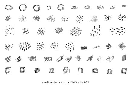 Handgezeichnete Markerpinsel, Kreise, Punkte, Striche, Zickzack, Geometrie