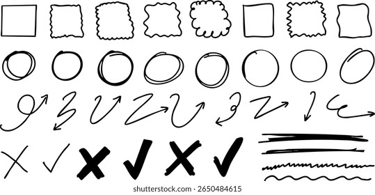 Hand-drawn marker elements set including circles, arrows, check marks, crosses, borders, and lines. Perfect for highlights, notes, UI mockups, and creative annotations