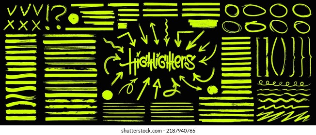 Hand-drawn marker highlighters, underline, lines, round, arrows, punctuation marks, tick marks and sketch. Highlighters, hand drawn underline. Handwritten notes for text or on a school board. Vector 
