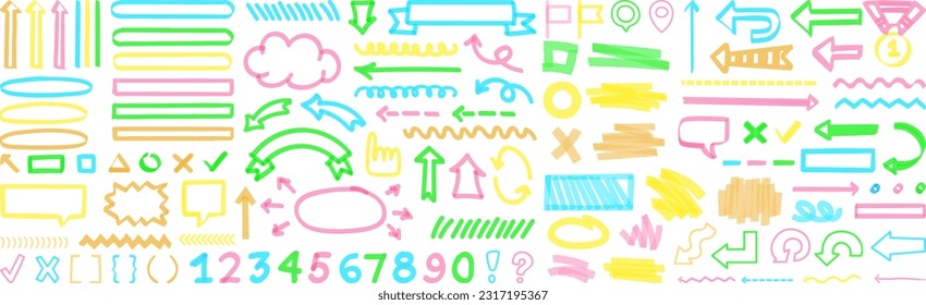 Hand-drawn marker highlighters, underline, lines, round, arrows, punctuation marks, tick marks and sketch. Vector illustration