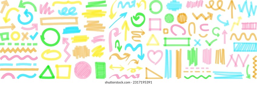 Hand-drawn marker highlighters, underline, lines, round, arrows, punctuation marks, tick marks and sketch. Vector illustration. Vector illustration