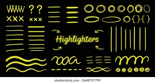 Hand-drawn marker highlighters, underline, lines, round, arrows, punctuation marks, tick marks and sketch. 