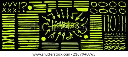 Hand-drawn marker highlighters, underline, lines, round, arrows, punctuation marks, tick marks and sketch. Highlighters, hand drawn underline. Handwritten notes for text or on a school board. Vector 