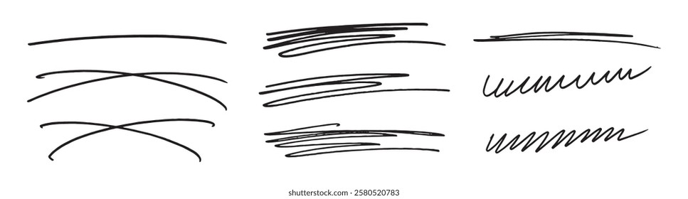 Hand-drawn Marker lines isolated on a transparent background. Marker black pen highlights squiggle stroke. lines, black marker isolated on transparent background