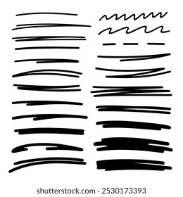 Marcador dibujado a mano, lápiz, líneas de acento negro aislado, subrayados, resaltados, Vector. Un elemento abstracto para el diseño en el estilo de un doodle, cómic. Un conjunto de pinceladas gráficas