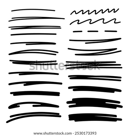 Hand-drawn marker, pen, isolated black accent lines, underscores, highlights, vector. An abstract element for the design in the style of a doodle, comic book. A set of graphic brush strokes