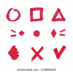 Hand-drawn marker symbols. Red marker. Set of vector elements. Symbols drawn with red marker. Check mark, heart, circle, triangle, square by marker.