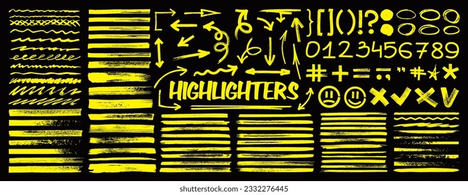 Hand-drawn markers highlighters, numbers, punctuation marks, underline,  round, arrows, tick marks and sketch. Highlighters, hand drawn underline. Handwritten notes for text or school board. Vector