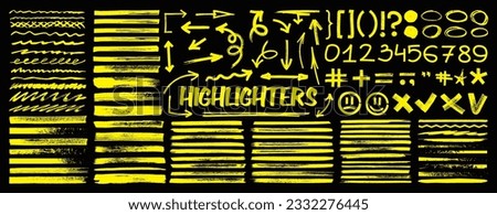 Hand-drawn markers highlighters, numbers, punctuation marks, underline,  round, arrows, tick marks and sketch. Highlighters, hand drawn underline. Handwritten notes for text or school board. Vector