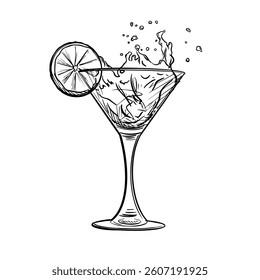 Hand-drawn martini glass with ice, splash, and citrus slice. Vintage line art style, vector illustration isolated on white background.
