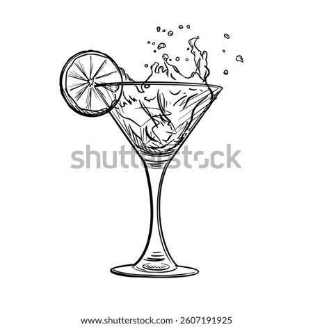 Hand-drawn martini glass with ice, splash, and citrus slice. Vintage line art style, vector illustration isolated on white background.