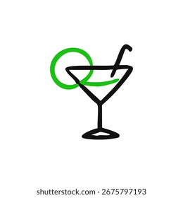 Vidro martini desenhado à mão com uma fatia de cal e palha