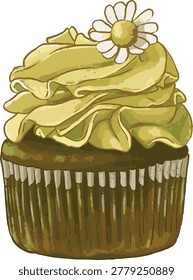 Hand-drawn matcha cupcake with green tea frosting and daisy flower decoration