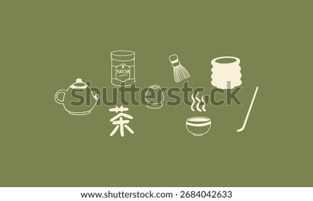 Hand-drawn matcha illustration set featuring traditional Japanese green tea elements in sketch style. Perfect for café menus, beverage packaging, tea shop branding, food blogs, etc.