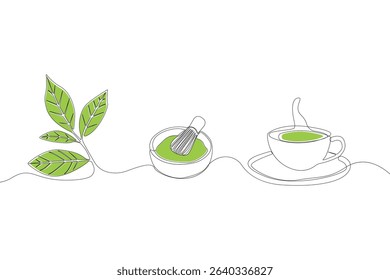 Hand-drawn matcha tea ingredients concept line art drawing. Matcha tea concept line art icon