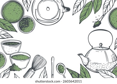 Hand-drawn matcha tea set.  Vector background.  Sketch illustration