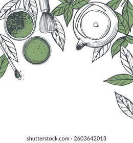 Hand-drawn matcha tea set.  Vector background.  Sketch illustration