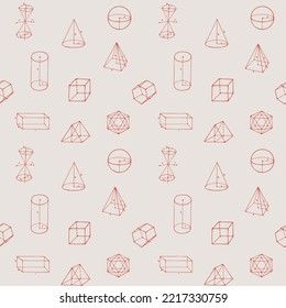 Hand-drawn math seamless pattern with various geometrical figures. Vector repeating background with red mathematical sketches on light backdrop. Suitable for wallpaper, wrapping paper or fabric design