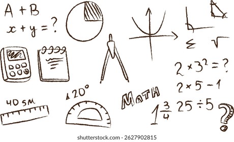 Símbolos matemáticos desenhados à mão e equações em estilo de esboço. Vários elementos matemáticos e figuras representadas de uma maneira lúdica. Ilustração de vetor de desenhos animados.