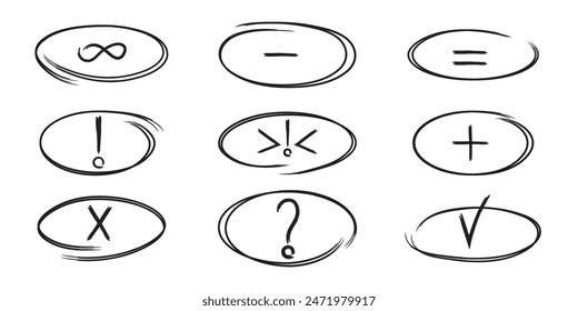 Hand-drawn mathematical and punctuation Symbols: A collection of black hand-drawn symbols encased in dynamic oval shapes, featuring mathematical operations and punctuation marks like infinity.