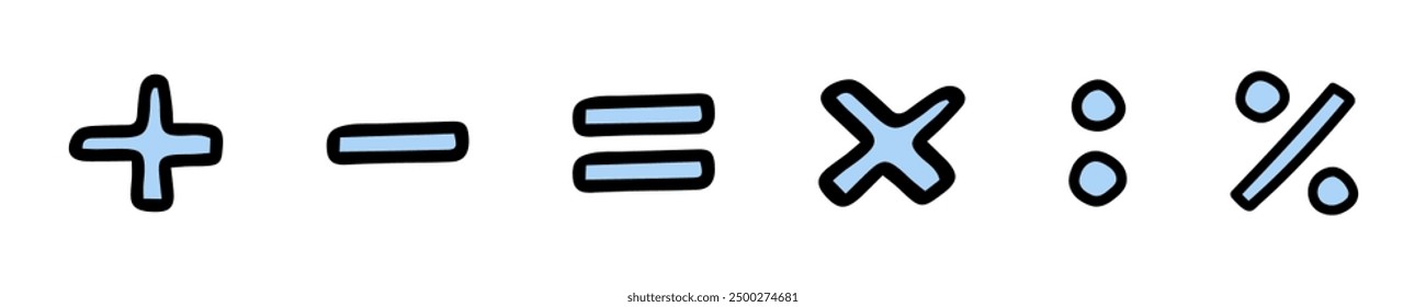 Hand-drawn mathematical symbols, including plus, minus, equal, multiplication, division, and percentage signs. Concept of math operations, educational icons, math learning, school subjects