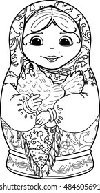 Hand-drawn matryoshka nested doll with ethnic floral pattern doodle. Coloring page - design for spiritual relaxation for adults, vector illustration, isolated on white background.